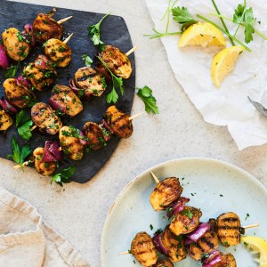 Candied Maple Balsamic Brussels Sprout Skewers with Red Onion
