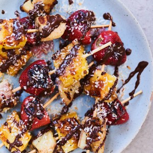 Pineapple, Banana, Strawberry Skewers with Salted Chocolate Drizzle