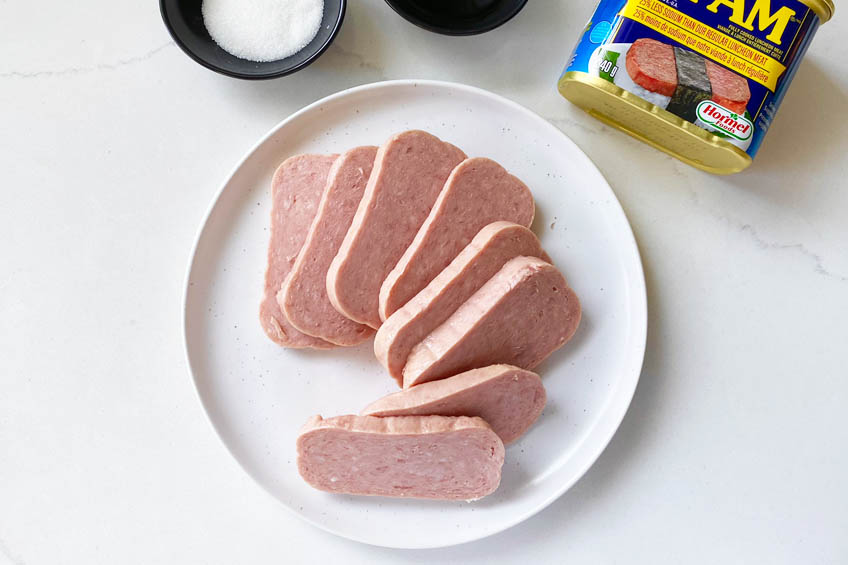 Sliced SPAM on a plate