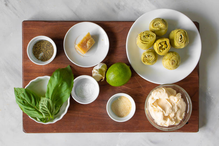 Ingredients for air fryer artichokes with basil aioli