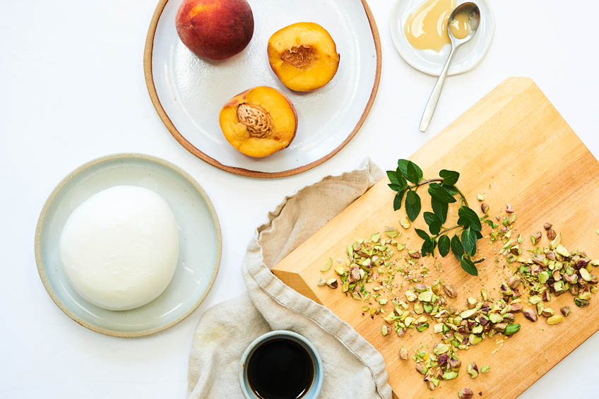 Ingredients for grilled peach and burrata salad