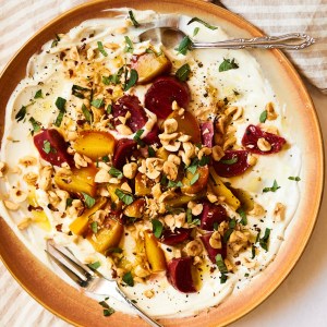 Homemade Labneh Topped with Roasted Beets, Hazelnuts and Fresh Basil