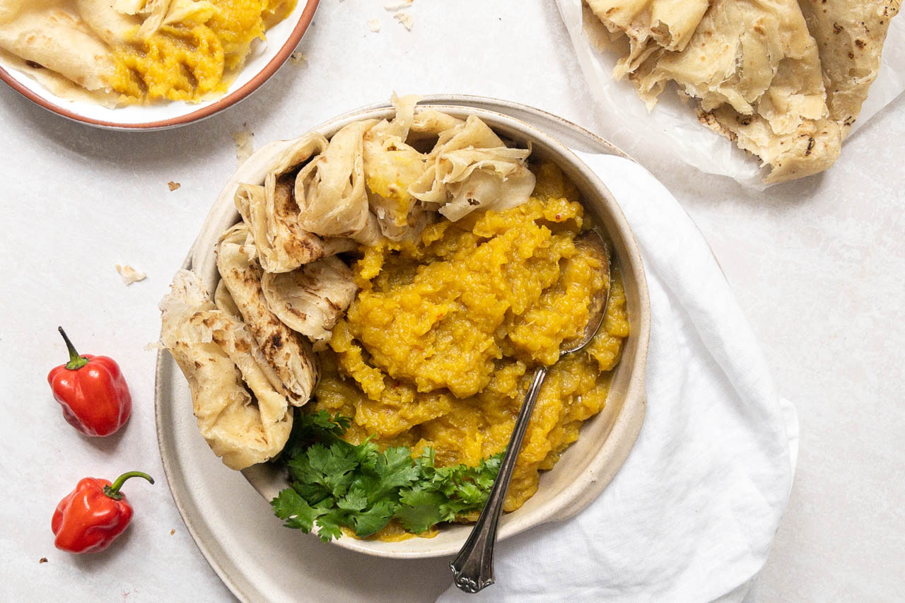 Spiced acorn squash curry with roti