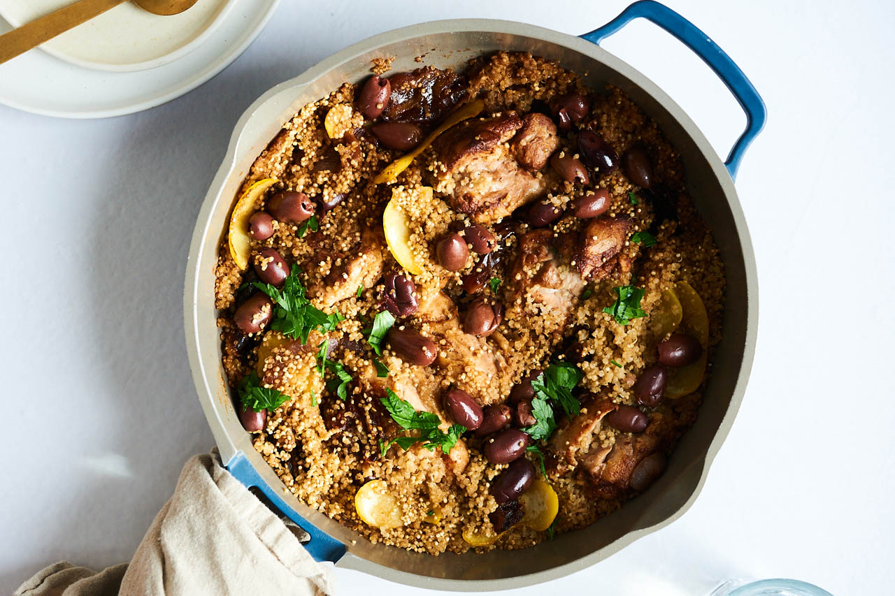 One-Skillet Chicken with Dates, Olives & Preserved Lemons, ready to serve