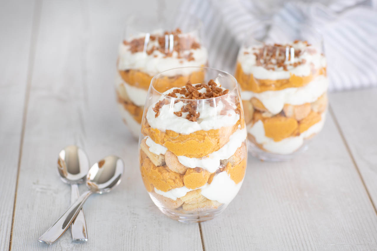 Mini Pumpkin Cheesecake Trifles with Skor Bits