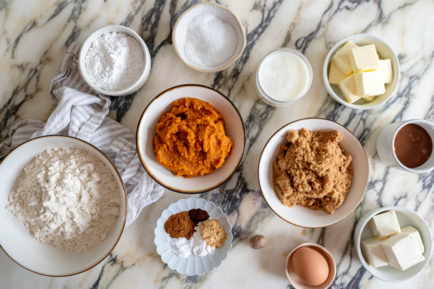 Ingredients for Pumpkin Snack Cake with Salted Caramel Cream Cheese Frosting