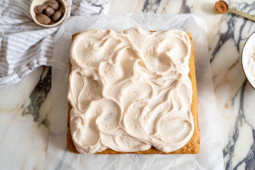 Pumpkin Snack Cake with Salted Caramel Cream Cheese Frosting