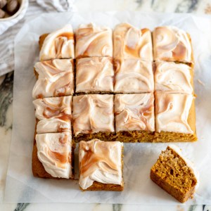 Pumpkin Snack Cake with Salted Caramel Cream Cheese Frosting is the Ultimate Fall Treat