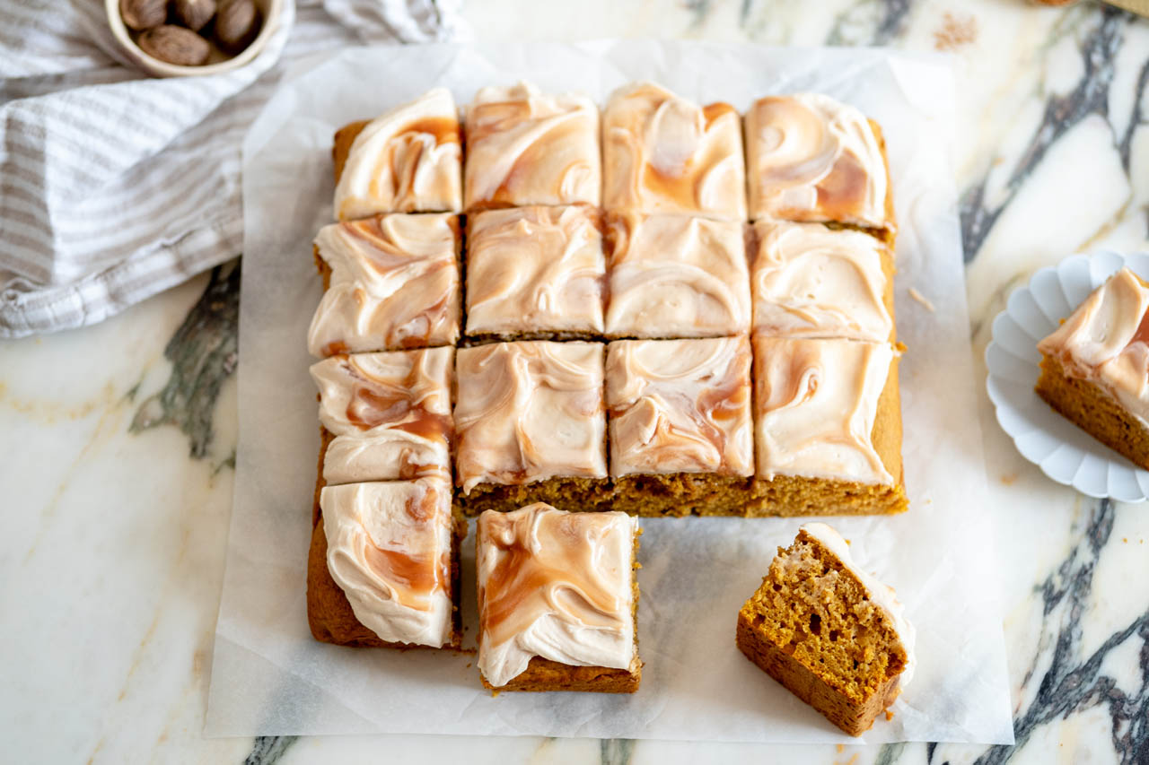 Pumpkin Snack Cake with Salted Caramel Cream Cheese Frosting