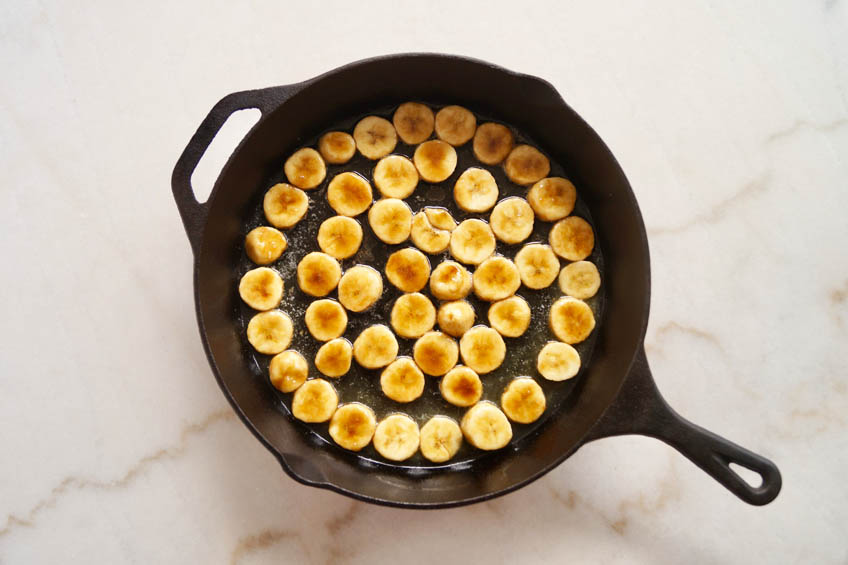 Caramelized bananas in a cast iron skillet