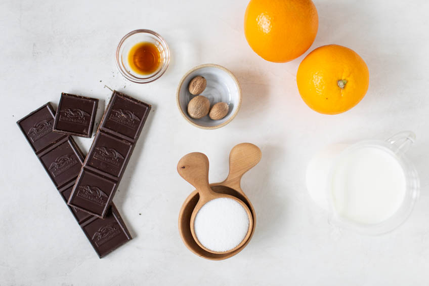Ingredients for chocolate orange hot chocolate