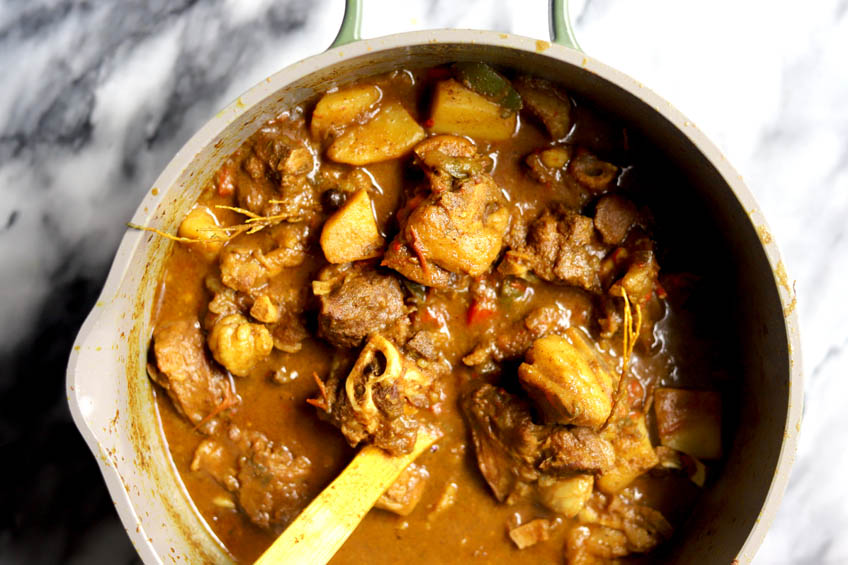 A pot of Jamaican curry goat