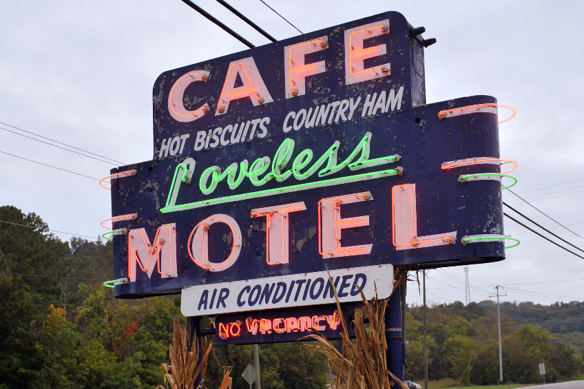 A neon sign at the Loveless Cafe in Nashville, Tennessee