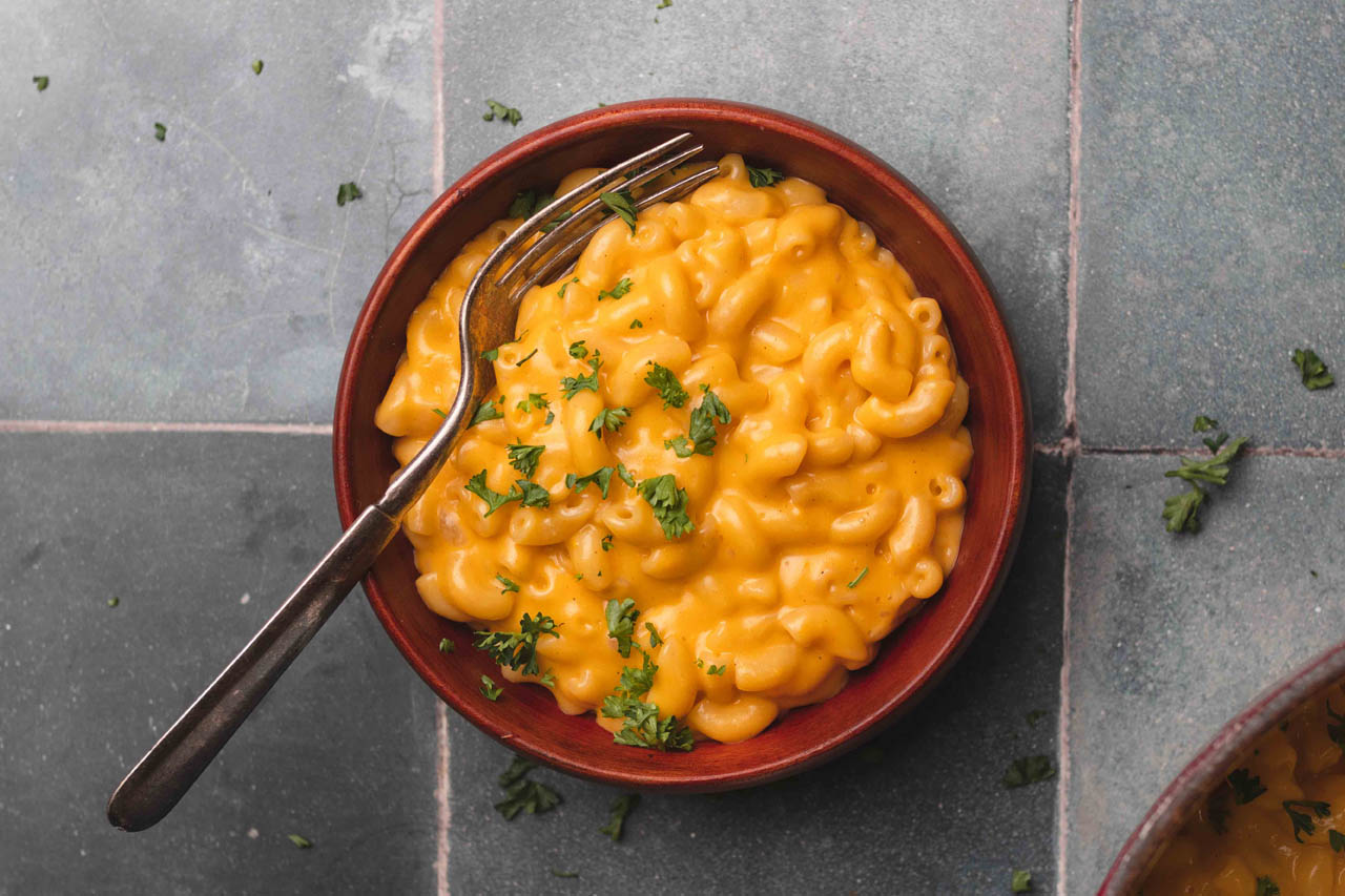 A bowl of creamy vegan mac and cheese