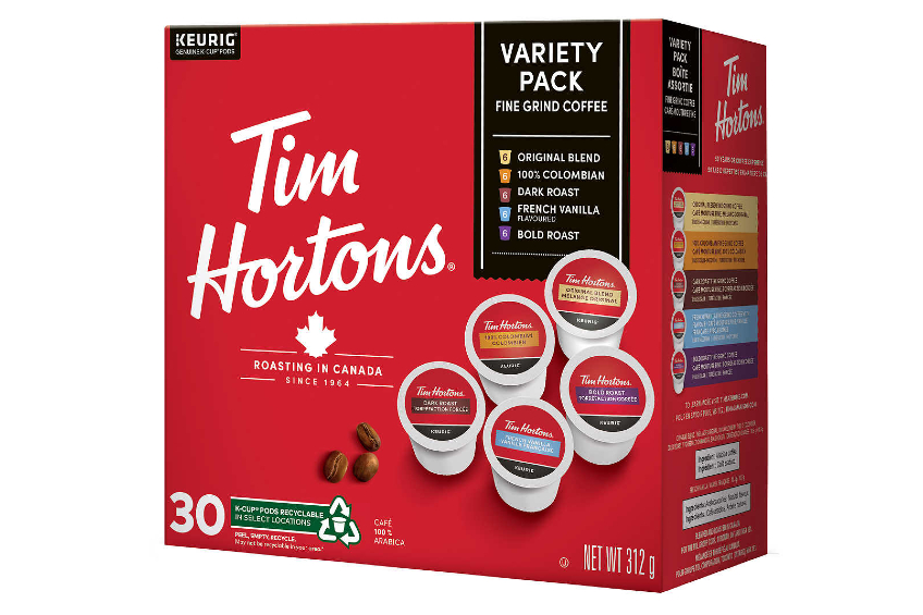 A variety pack of Tim Hortons K-Cup pods