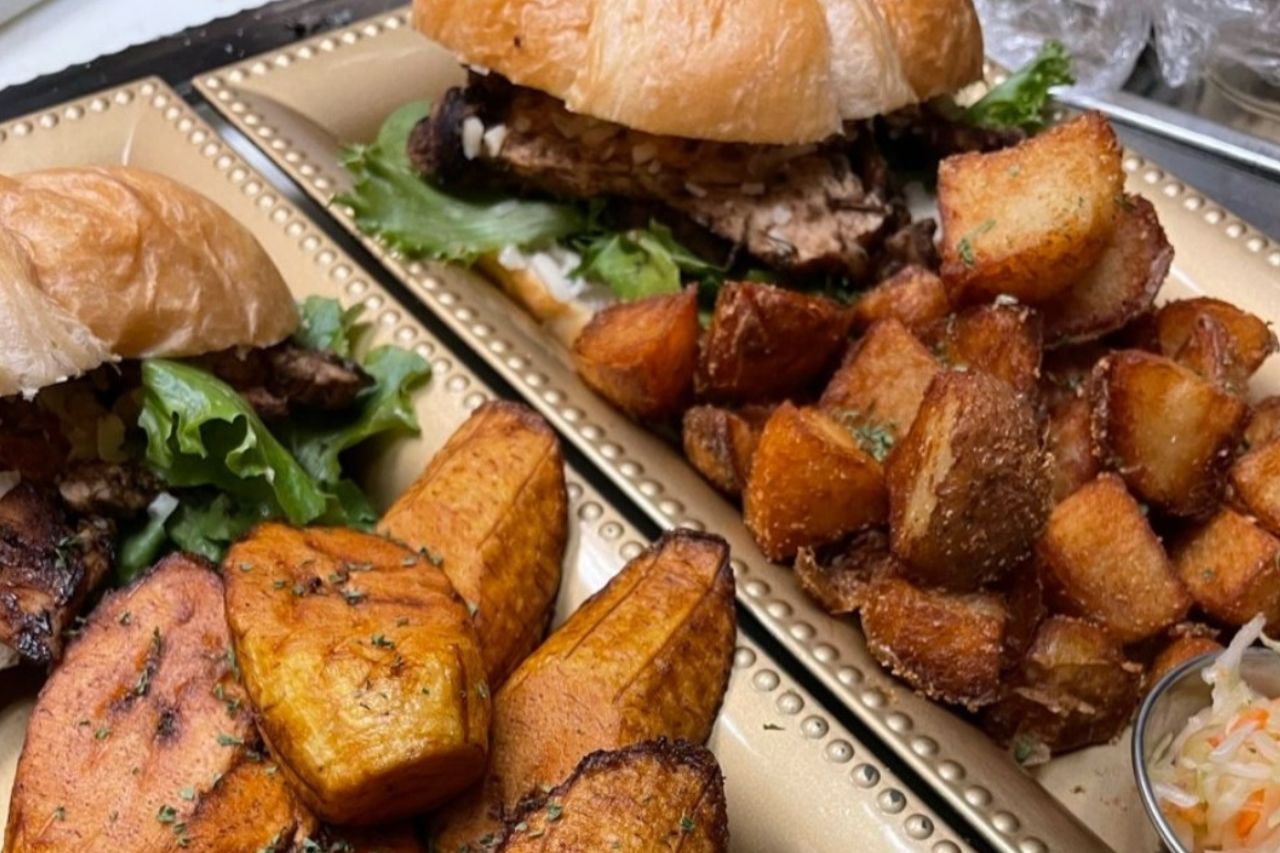 burgers with home fries and plantains