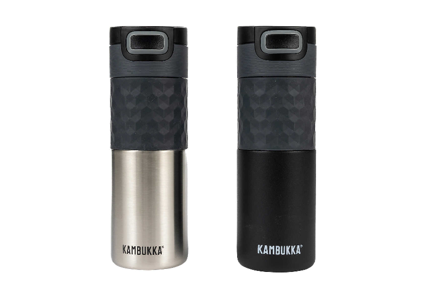 A product shot of a black and stainless steel and an all black Kambukka travel mug on white background