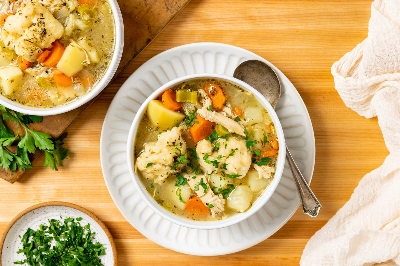 Acadian chicken fricot in a bowl