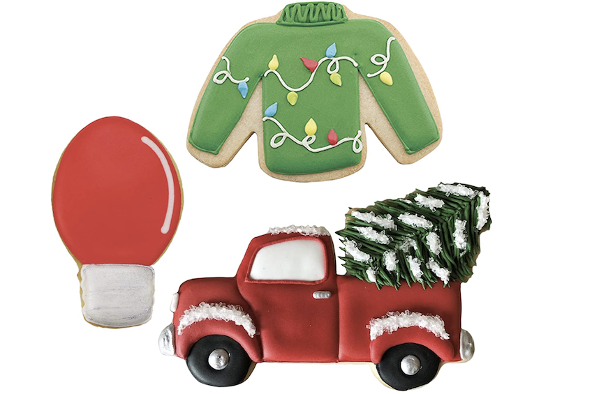 Trendy cookie cutters for Christmas, bulb, pickup truck, ugly sweater