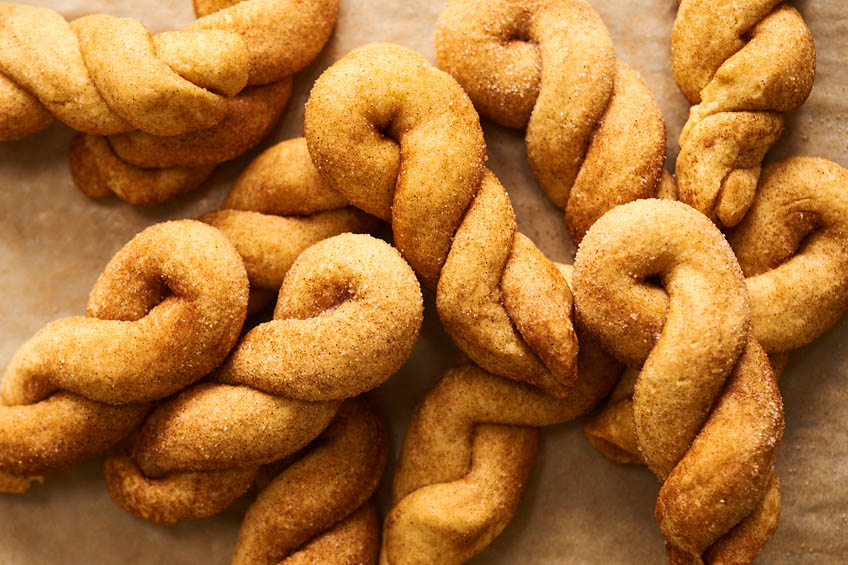 A closeup of Jewish cinnamon twist cookies