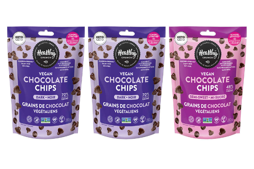 Three bags of Healthy Crunch vegan chocolate chips in the dark chocolate and semi-sweet chocolate flavours on a white background