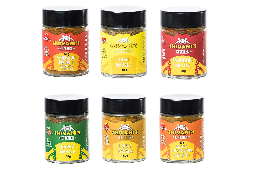 Product shots of the Shivani Kitchen spices on a white background