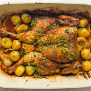 Whole Roasted Tandoori Chicken with Tender Potatoes and Spicy Onions