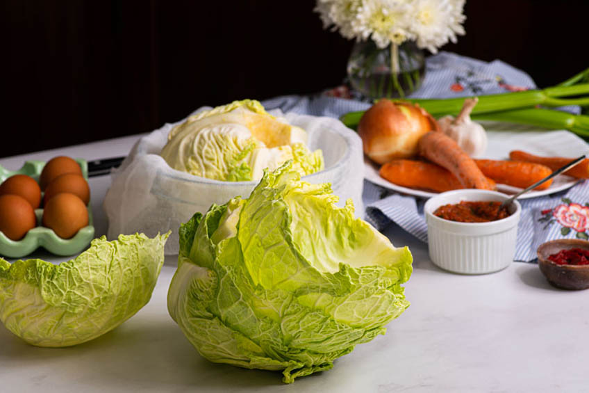 Layered savoy cabbage leaves on a table