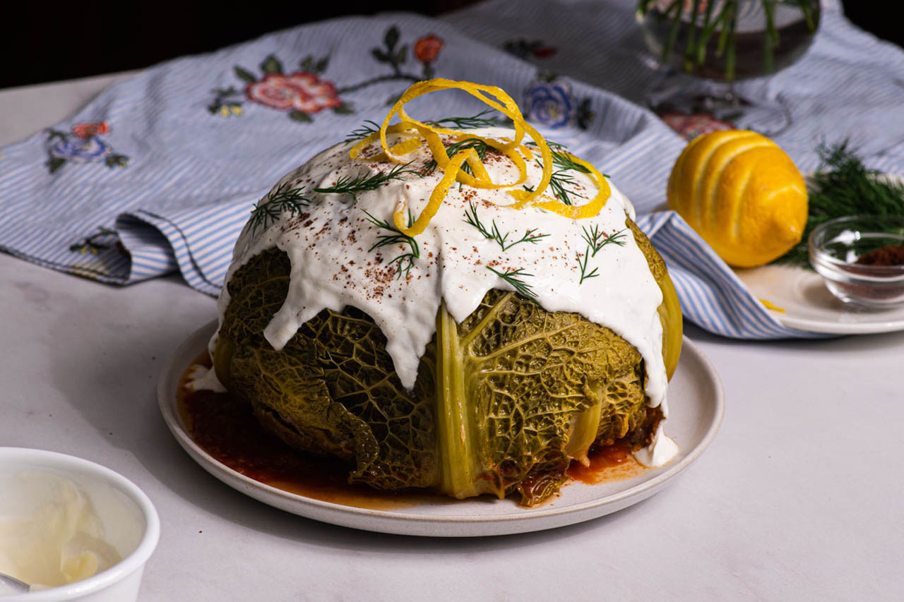 Jumbo cabbage roll meatloaf on a plate