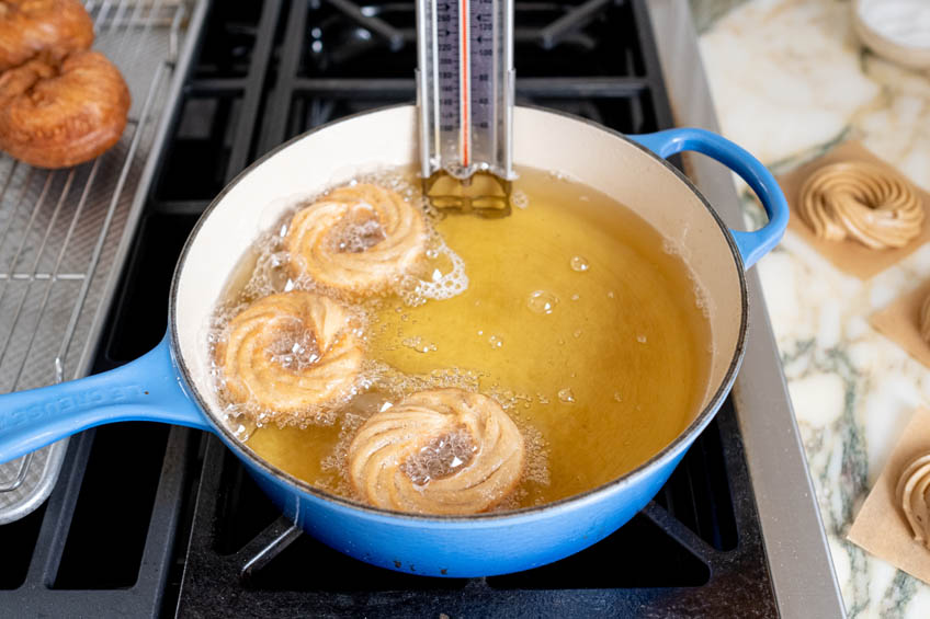 Hojicha crullers frying in oil
