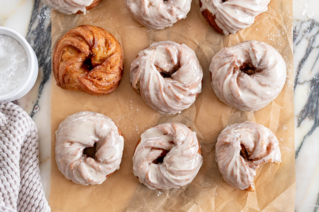 Hojicha crullers on a piece of parchment paper