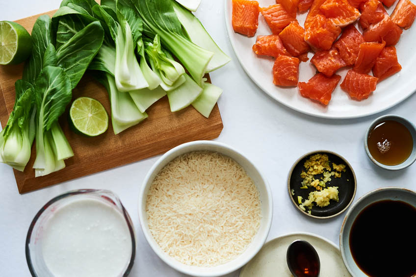Ingredients for honey ginger salmon with bok choy and coconut rice