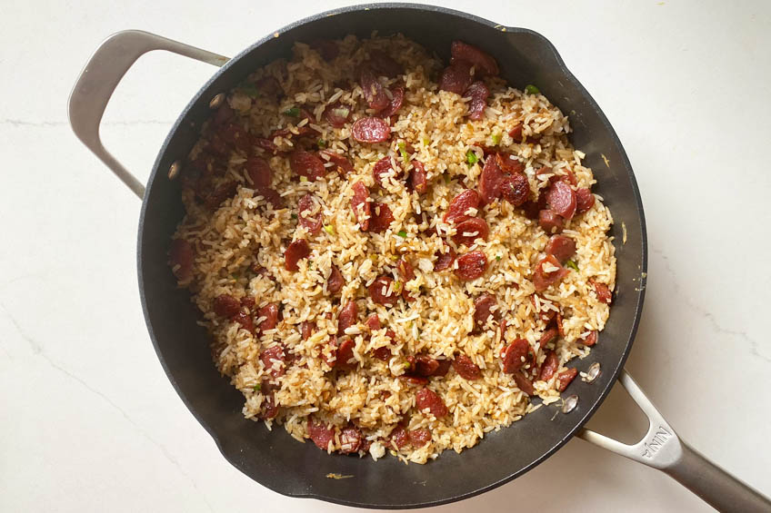 Lap cheong fried rice in a large skillet