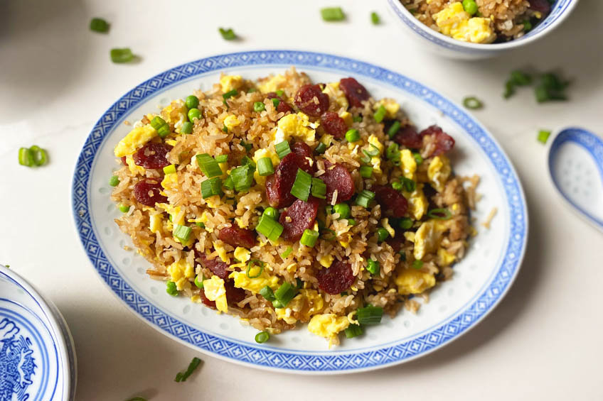 A plate of lap cheong fried rice