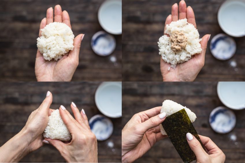 Onigiri being filled and wrapped