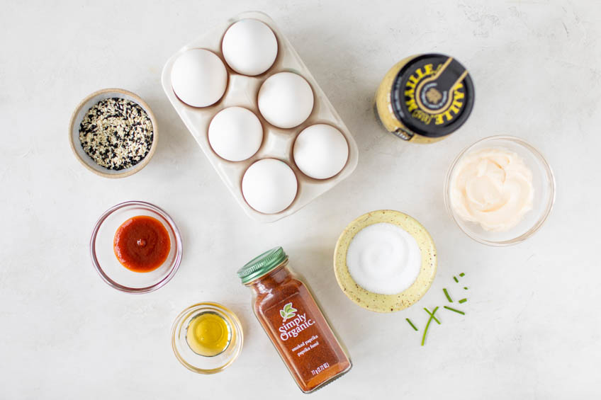 Ingredients for honey-Sriracha devilled eggs