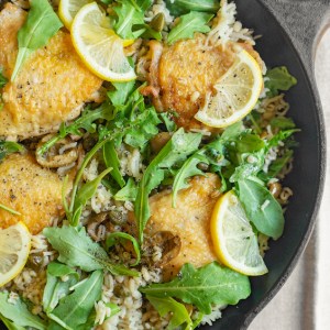 One-Pan Chicken, Rice and Barley With Capers, Olives and Arugula