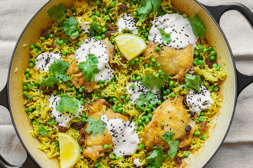 One-Pan Indian Chicken and Rice with Raisins, Yogurt and Lemon