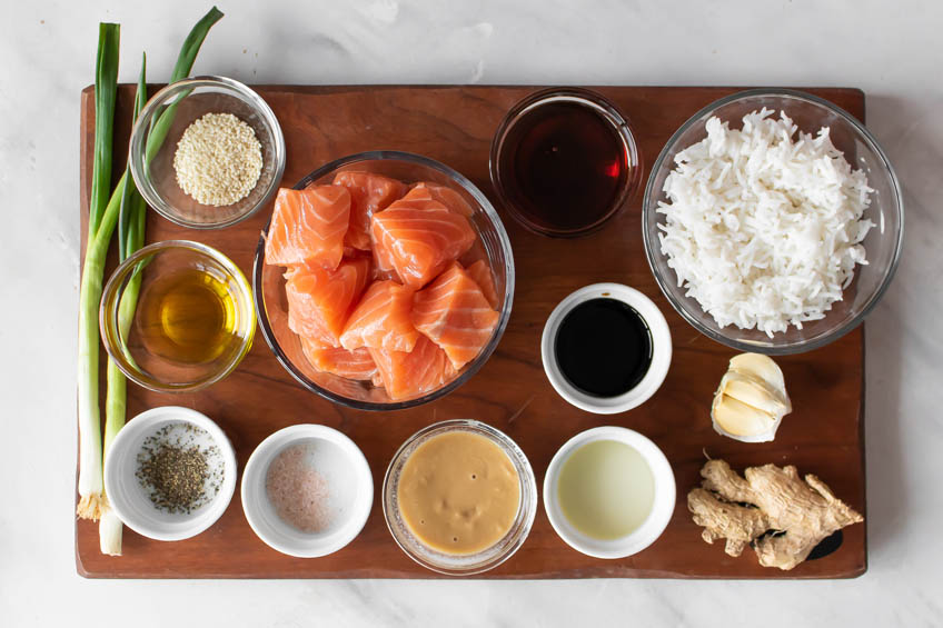 Ingredients for air fryer maple salmon tahini bites