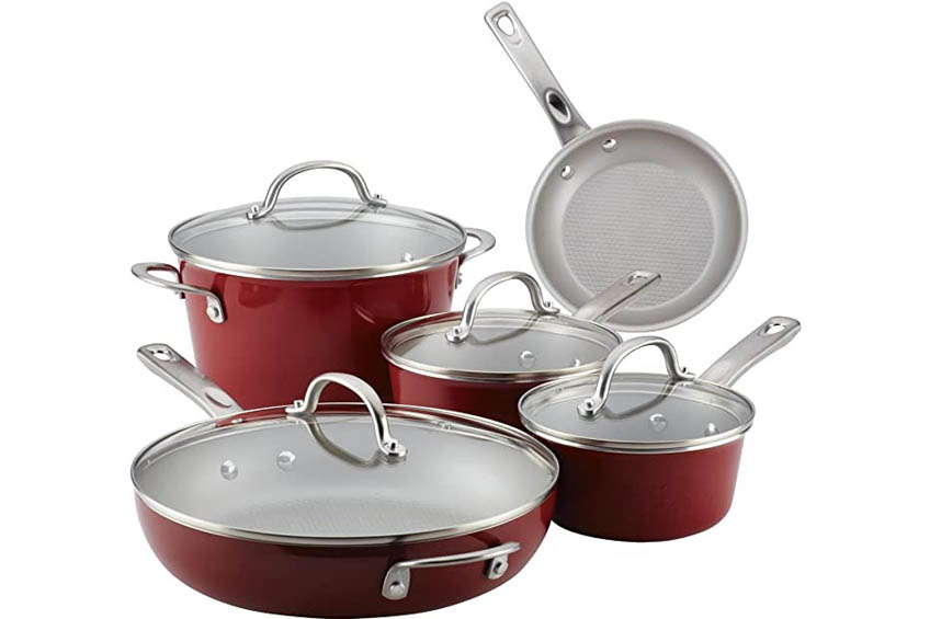 Ayesha Curry Home Collection Nonstick Cookware Pots and Pans Set, 9 Piece, Sienna Red