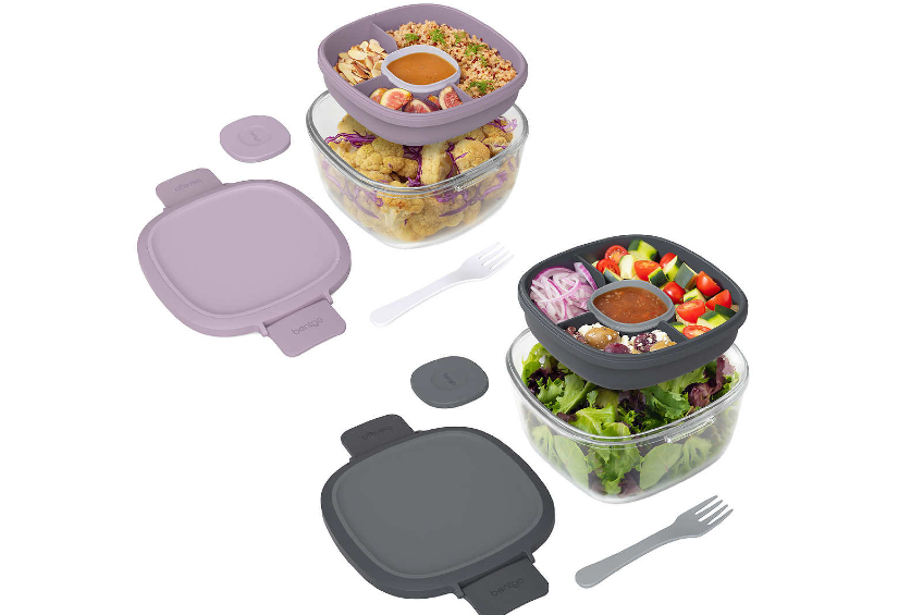 A lilac and dark grey bento box salad glass container