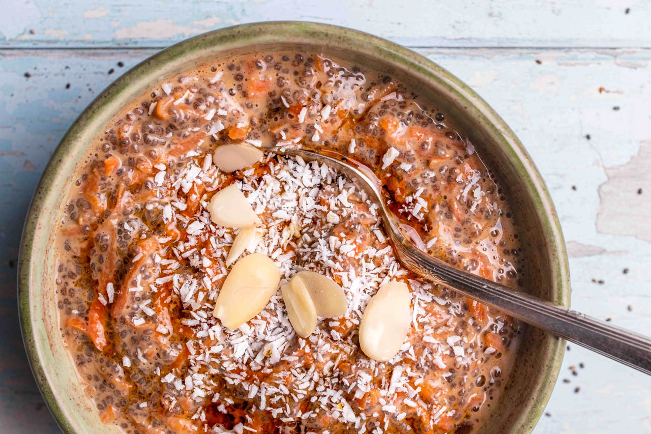 A closeup on carrot cake chia pudding in a bowl