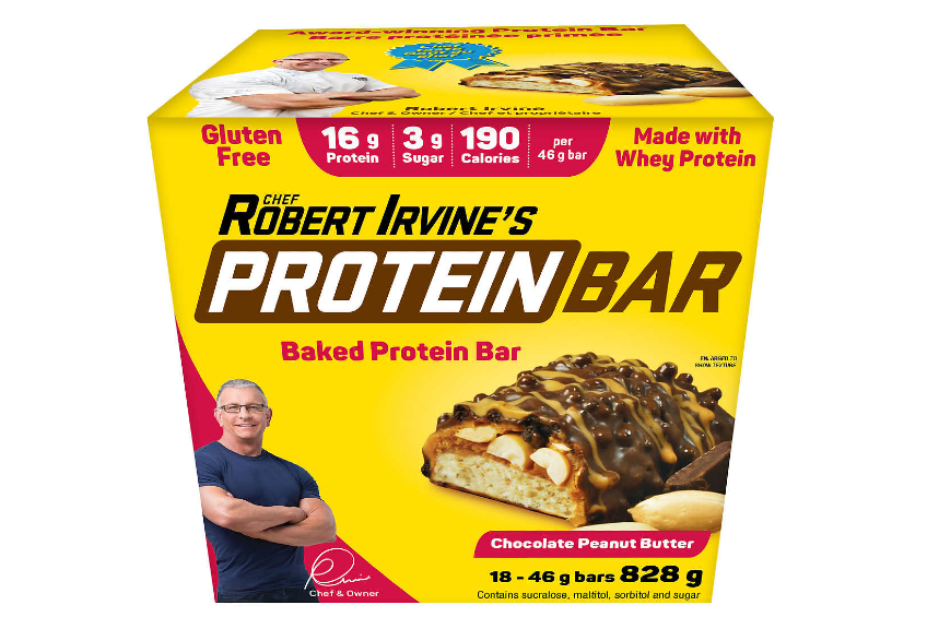 A product shot of a box of Chef Robert Irvine's Protein baked bars