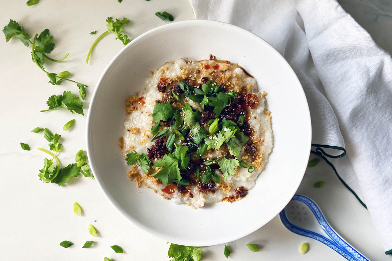 Instant pot chicken congee in a bowl