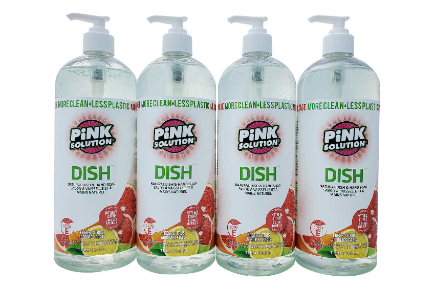 A four-pack of the Pink Solution dishwashing soap
