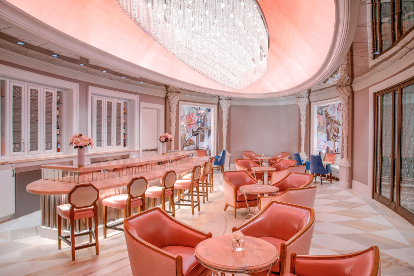 The pink interior at Camellias in Charleston, South Carolina's Hotel Bennett
