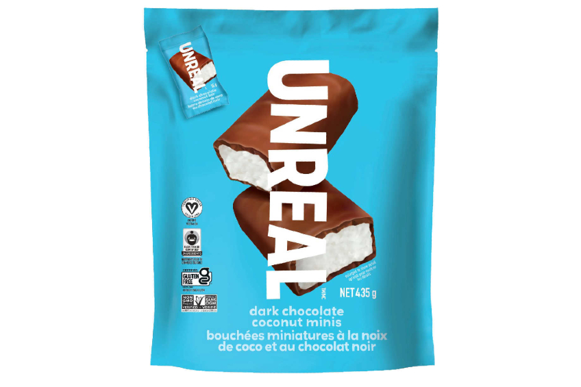 A product shot of the Unreal dark chocolate mini bars