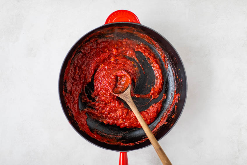 Tomato sauce in a skillet.