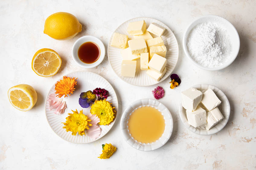 Ingredients for Lemon Elderflower Cake with Edible Flower Confetti