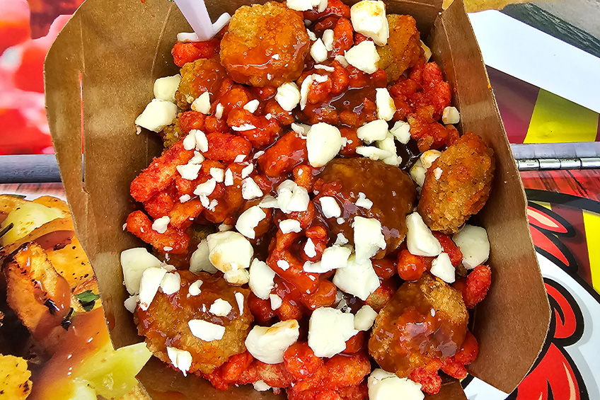 Flamin Hot Popcorn Chicken Poutine from Steve-O’s Homestyle Fried Chicken